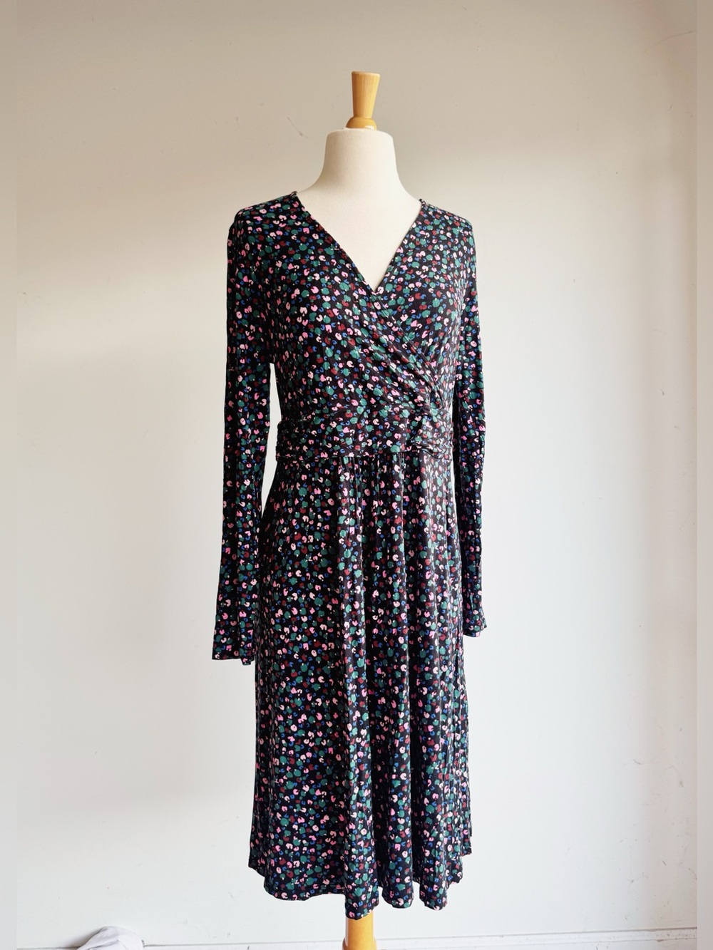 Boden Floral Jersey Wrap Dress Midi Knee Long Sleeve Pockets Size 10